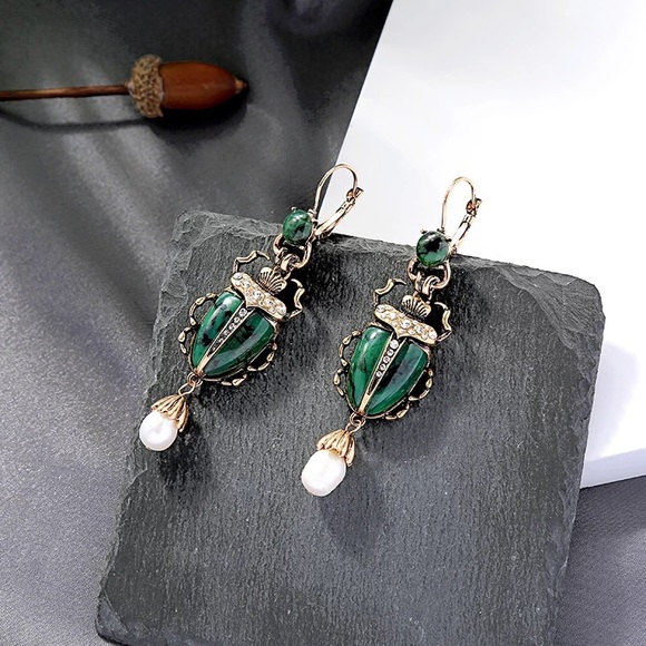Green Scarab Earrings - Picture 2 of 6